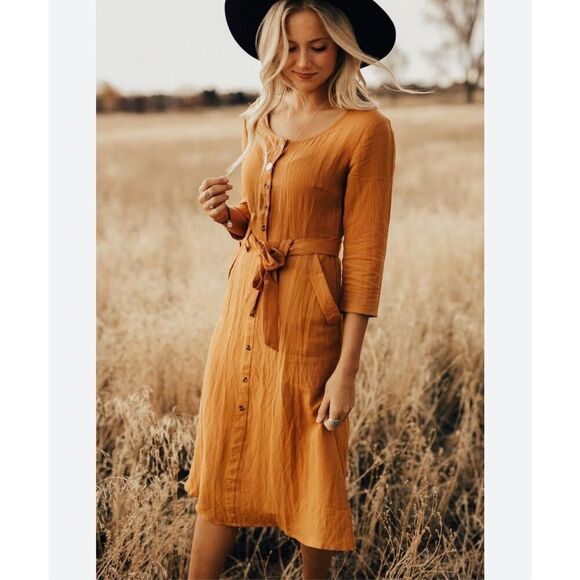 Polagram Dresses & Skirts - Polagram size M NWOT 3/4 sleeve burnt orange button down midi dress with sash ti